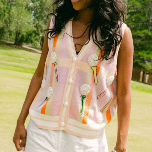QUEEN OF SPARKLES Jackets & Blazers - Queen Of Sparkles Light Pink Plaid Golf 'Tee Time' Sweater Vest